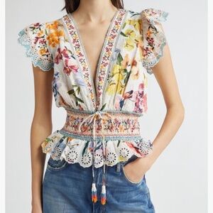 FARM Rio Greek Garden Swiss Dot Smocked Blouse NWT Size XL (Runs Small)